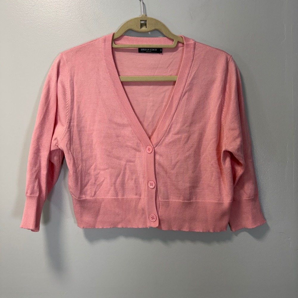 Urban CoCo Womens Pink Cropped Cardigan Sweater 3/4 Sleeve V-Neck Size M